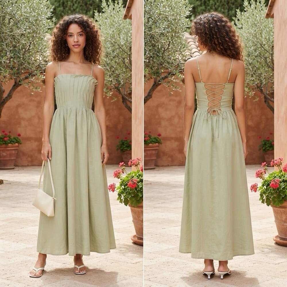 NWT SNDYS sz S Hilda Linen Blend Lace Up Pleated Pear Green Maxi Dress Romantic